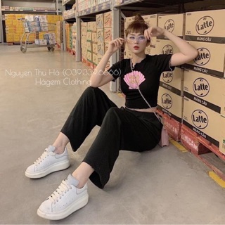 Set bộ thun quần dài ống xuông áo croptop in