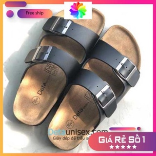 Dép đế trấu nam nữ 2 quai unisex da pu màu đen - nâu spx glhf