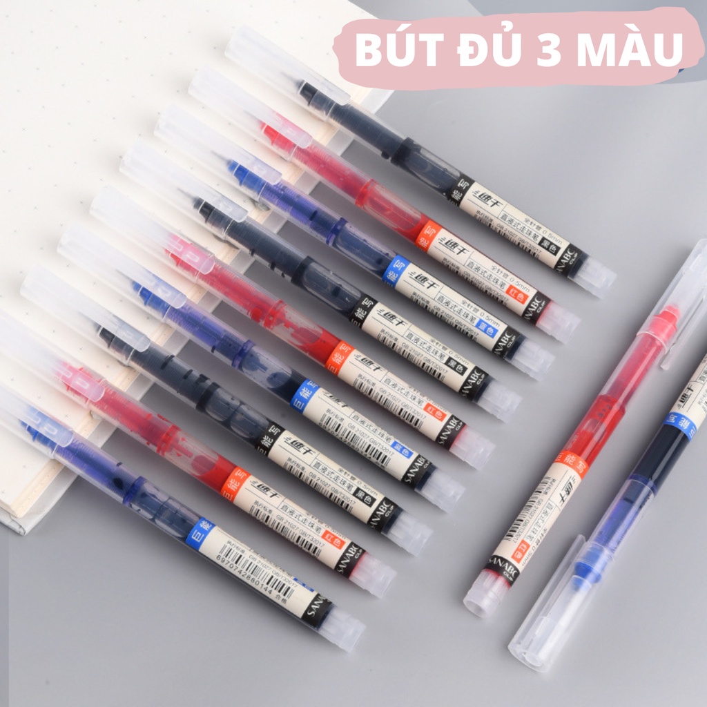 Bút bi nước gel đầu kim 0.5mm ba màu đen đỏ xanh mực nhiều gấp ba lần bút thông thường