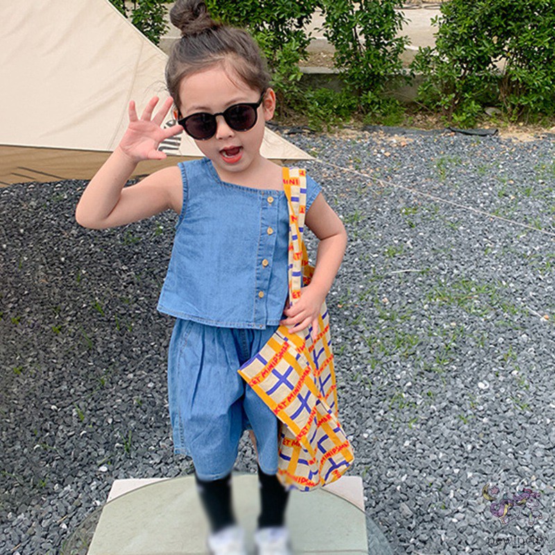 Set Áo Denim Sát Nách + Quần Short Năng Động Thời Trang Phong Cách Hàn Quốc Cho Bé Gái