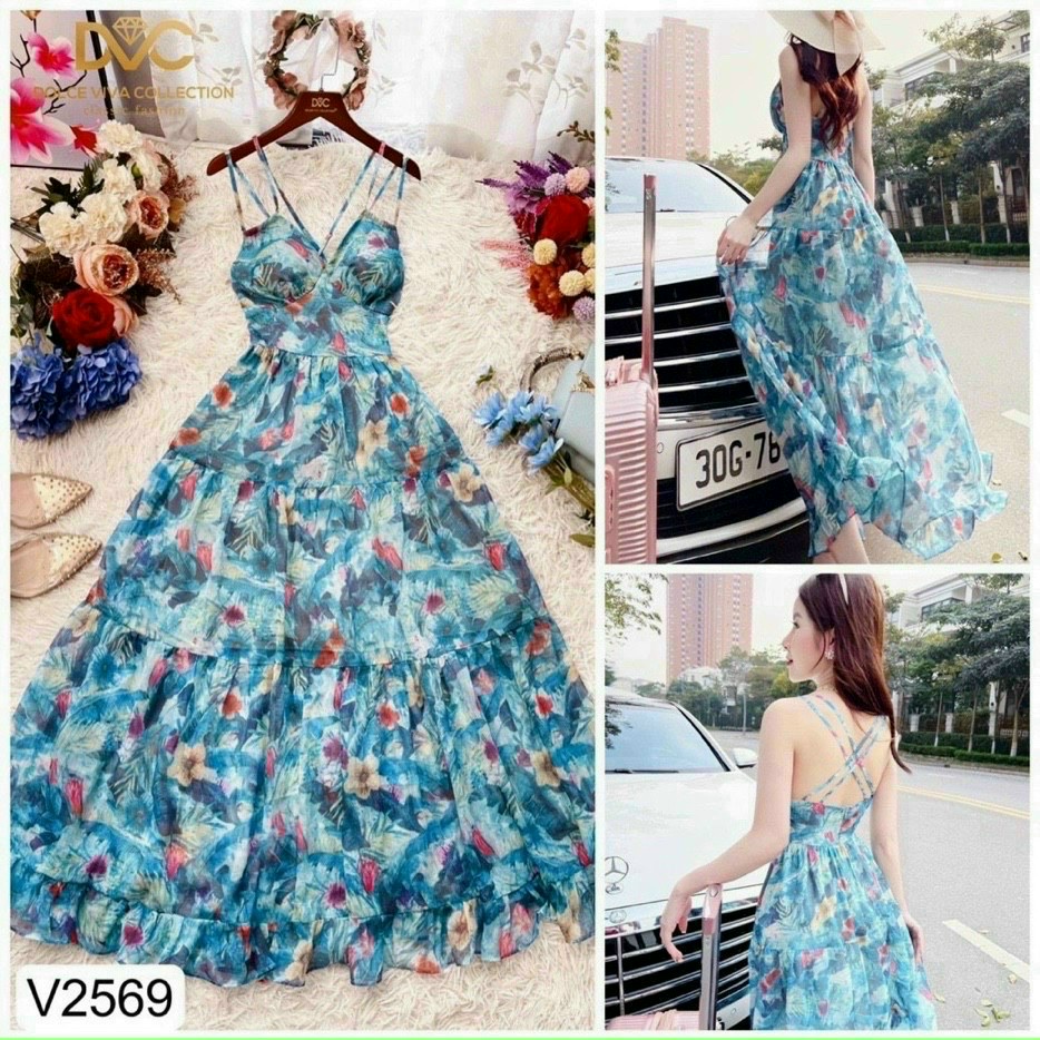 Đầm váy nữ maxi 2 dây với màu xanh họa tiết xinh xắn, bồng bềnh thích hợp cho các nàng mang đi du lịch, đi biển