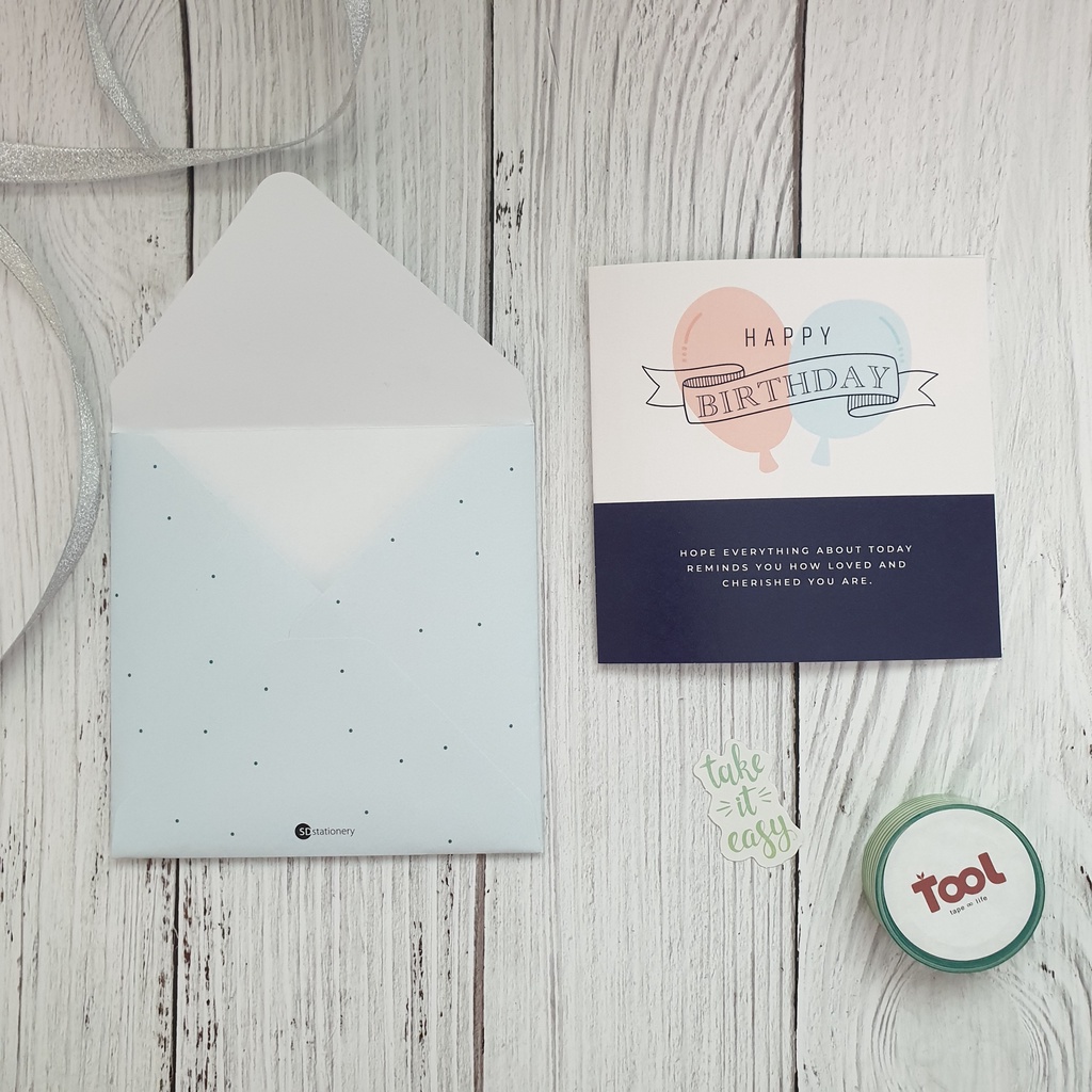 Thiệp chúc mừng sinh nhật 12x12 SDstationery SN1 CLASSY BLUE họa tiết bong bóng, nến, màu xanh đơn giản tinh tế