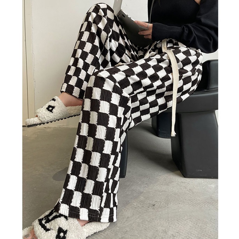 Quần dài IELGY eo cao in họa tiết caro thời trang cho nữ