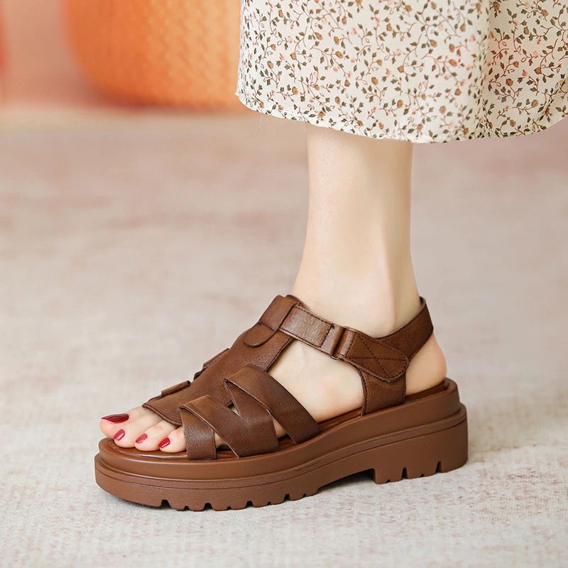 Giày Sandal Da Đế Dày Mềm Mại Phong Cách Retro Thời Trang Cho Nữ