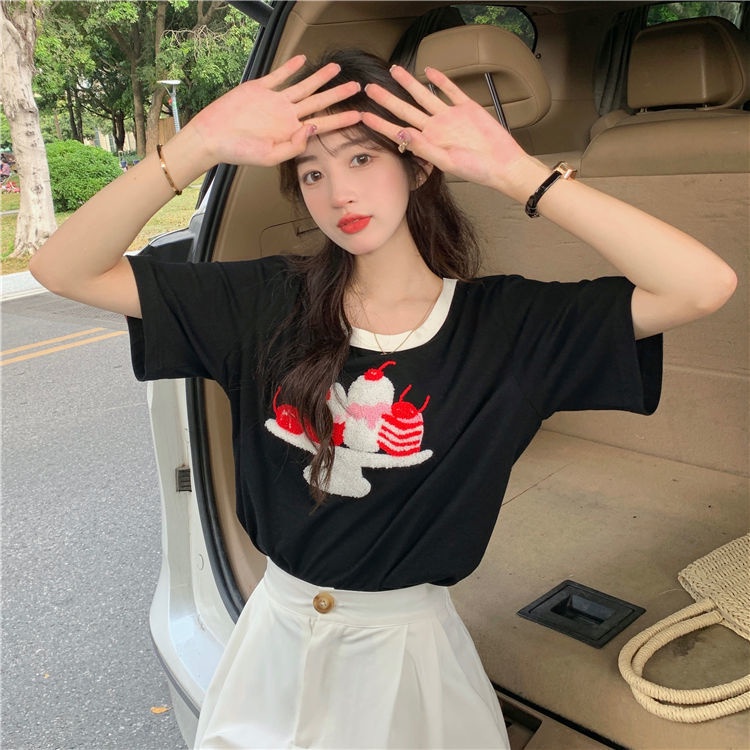 Áo Thun Tay Ngắn Cổ Thêu Mới Cho Nữ