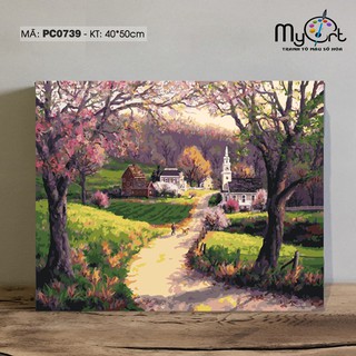 Tranh tự tô màu sơn dầu số hóa - Mã PC0739 Ngôi nhà trong rừng Tranh phong cảnh mùa xuân châu Âu Myart
