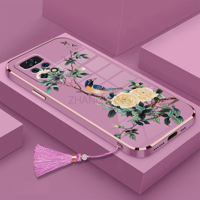 Ốp Điện Thoại Silicon Mạ Điện Họa Tiết Hoa Và Chim Kèm Dây Đeo Cho Redmi note 11 Redmi note 11s Redmi note 11 pro