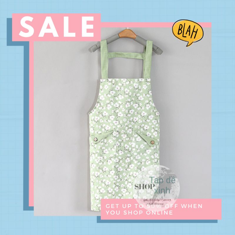 Tạp dề vải cotton thô phong cách Nhật  họa tiết sakura hoa anh đào màu sắc vintage 2 quai đeo vai free size có túi sẵn