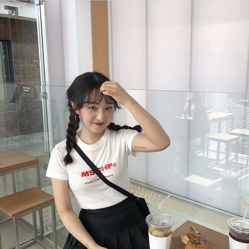 DUNEA Áo Thun Nữ Ngắn Tay In Chữ MSCHF Thời Trang