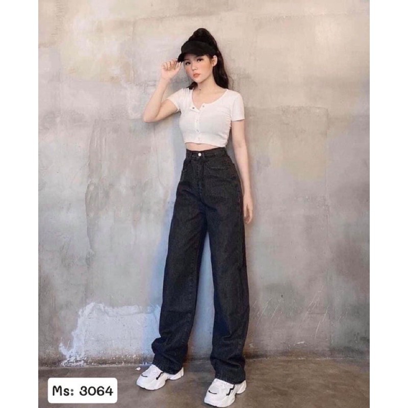 Quần Jean Nữ Ống Rộng Lưng Cao Dáng Suông Cao Cấp 2 Màu Đen Và Xanh 420