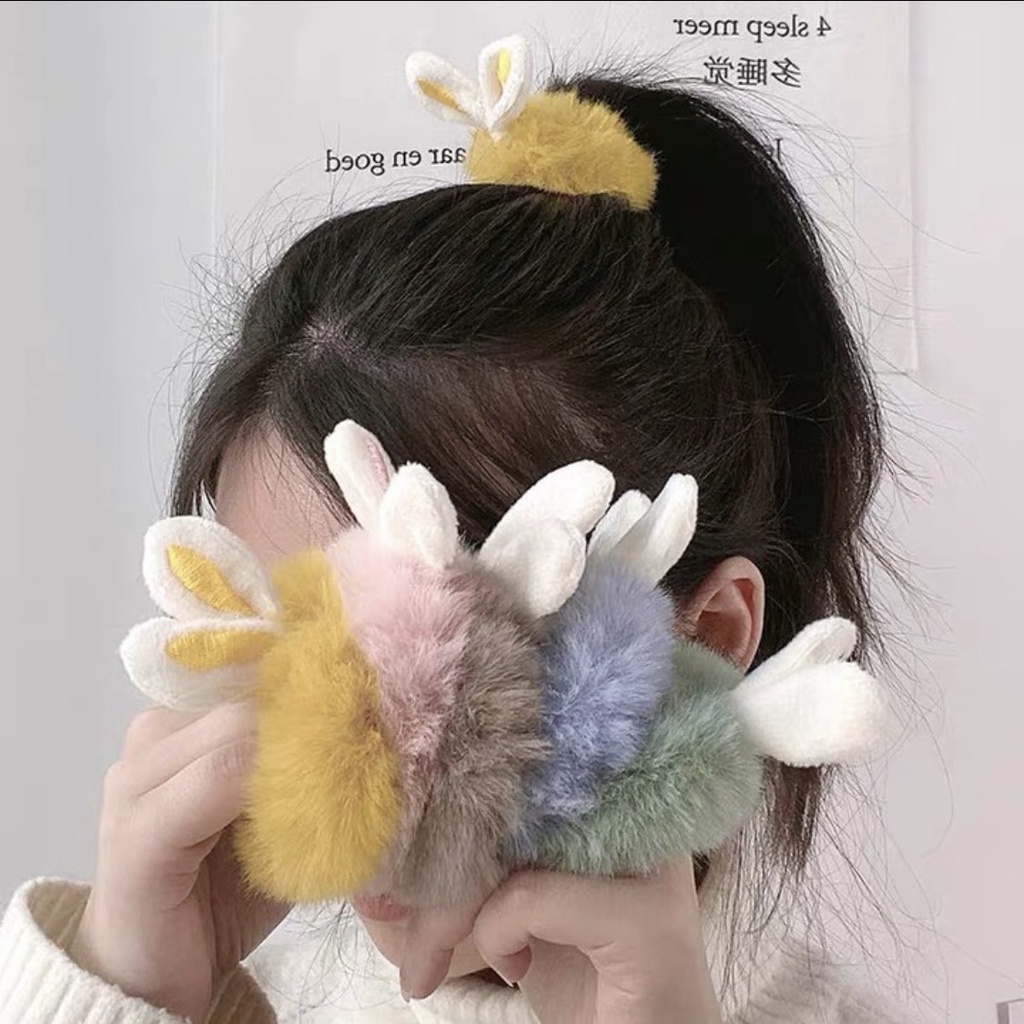 Dây cột tóc họa tiết tai thỏ phối lông dễ thương nhiều màu sắc dành cho bé gái