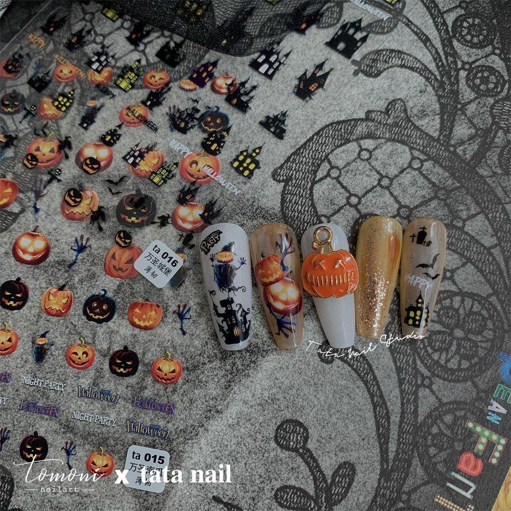 Miếng Dán Trang Trí Móng Tay Tự Dính Họa Tiết Bí Ngô Halloween Nhiều Màu Dễ Thương