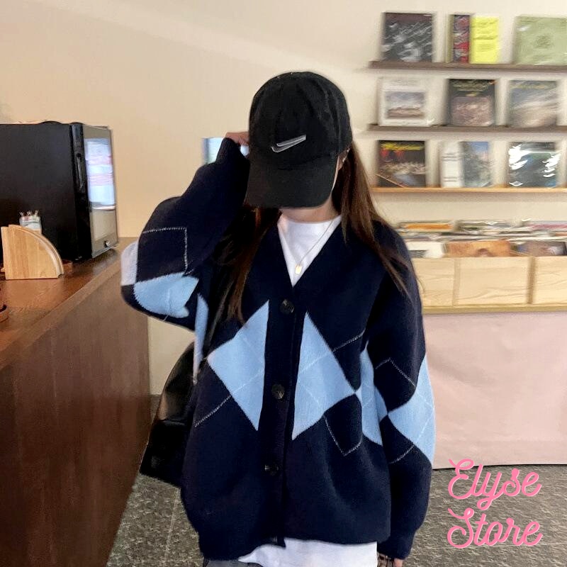 Áo khoác len cardigan retro họa tiết hình thoi dáng dài phong cách Hàn Quốc G-15