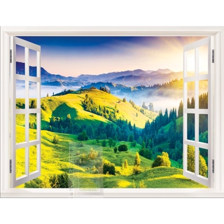 Tranh dán tường 3D cửa sổ phong cảnh bình minh trên núi - vải lụa phủ kim sa