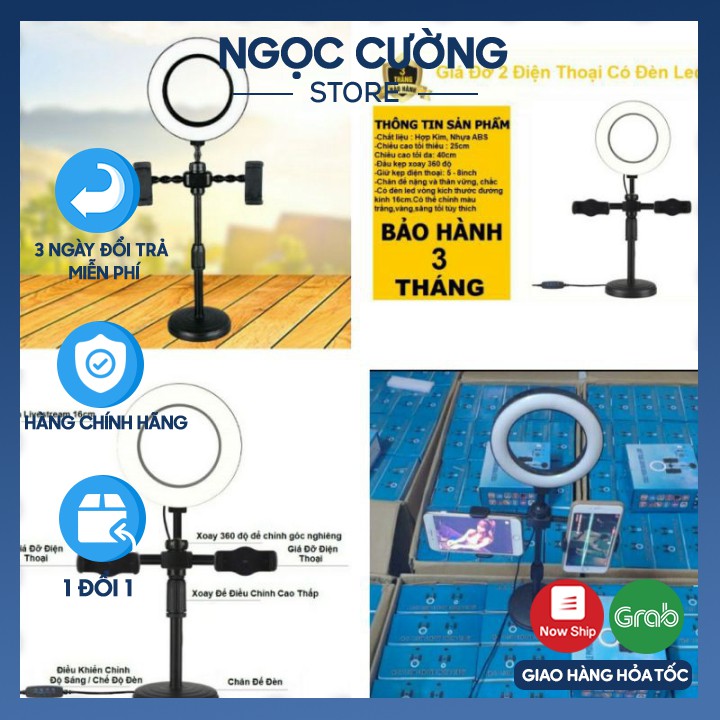 Giá Đỡ 2 Điện Thoại Livestream Có Đèn Led, Kẹp Điện Thoại Để Bàn Quay Video Tiktok Có Đèn Led 3 Màu Có Video, Ảnh Thật