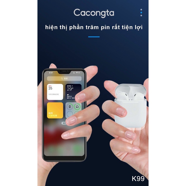 Tai nghe bluetooth Cacongta K99, Tai nghe không dây chính hãng FULL chức năng, có gaming, dùng cho IOS, androi và PC