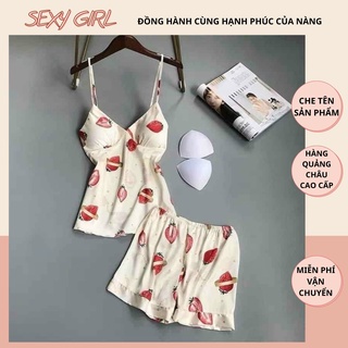 Bộ ngủ dâu tây lụa hai dây , pijama 2s thoáng mát