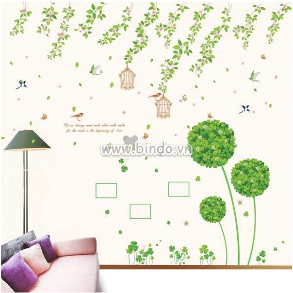 BỘ COMBO DECAL GHÉP ĐÔI TRANG TRÍ - Dây Leo hoa cỏ kết hợp Nhánh Hoa may mắn xanh ( 2 TẤM )