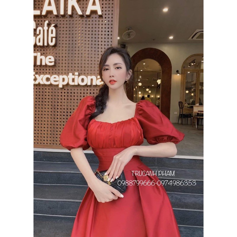 [ HÀNG CAO CẤP ]Đầm cổ vuông tay phồng xếp li eo thiết kế dự tiệc sang trọng | BigBuy360 - bigbuy360.vn