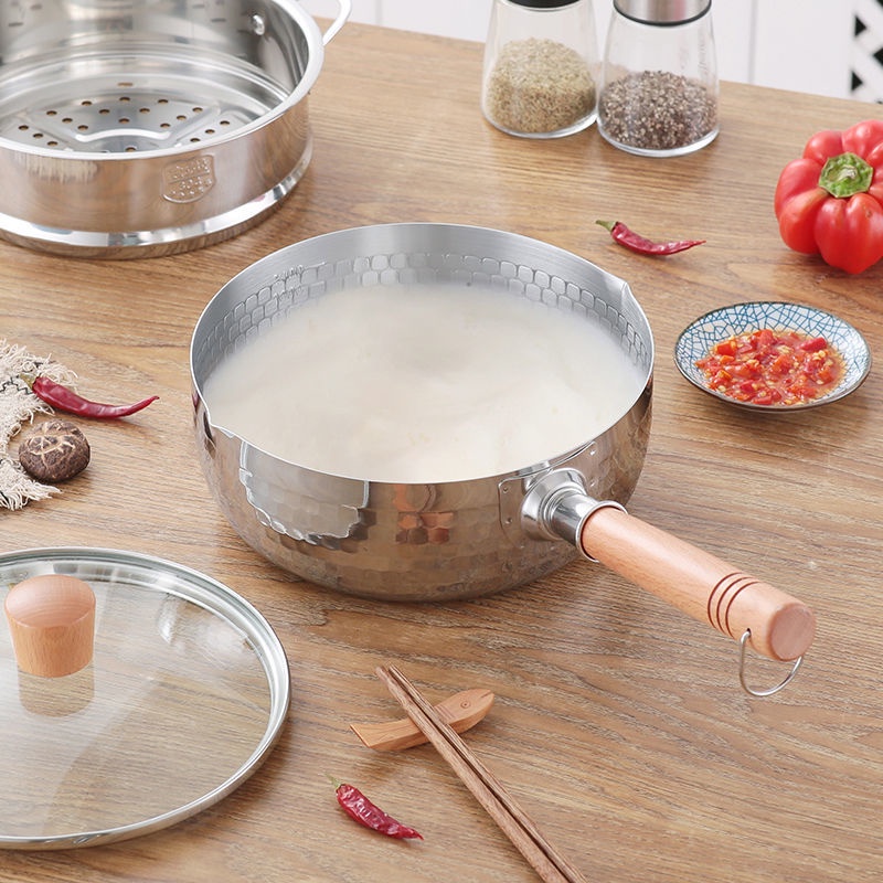 ►Chảo tuyết dày inox 304 Nhật Bản lưới nồi màu đỏ nồi gia dụng nồi nấu thức ăn bổ sung thức ăn cho bé nồi nấu canh chống