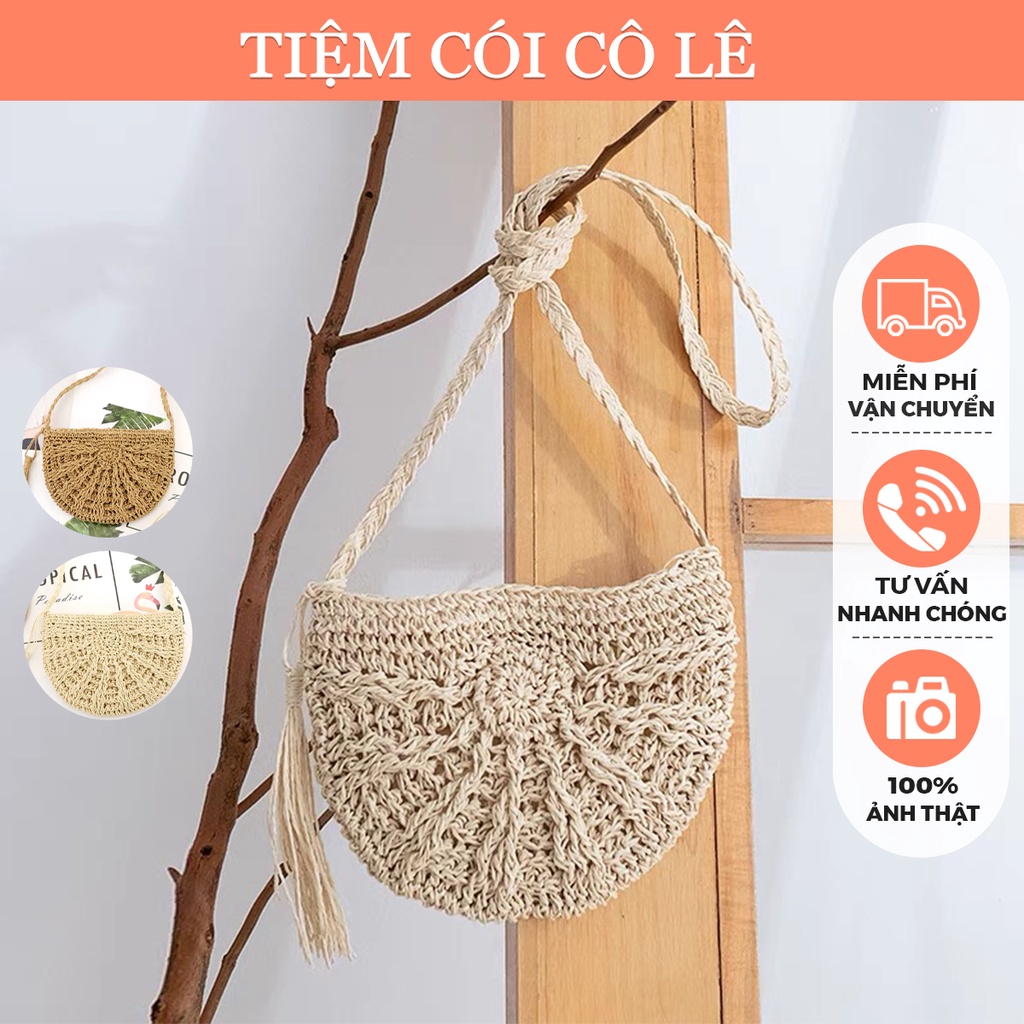 Túi bán nguyệt tua rua đeo chéo, túi cói đi biển phong cách boho - Tiệm Cói Cô Lê