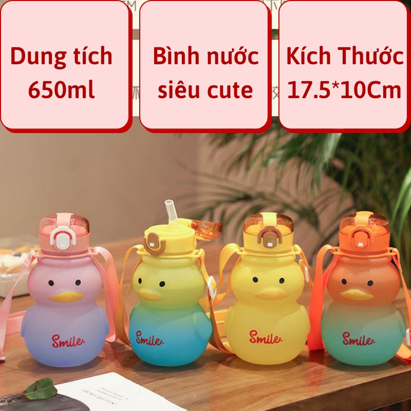 Bình đựng nước nhựa dễ thương hình chú vịt cute 650ml chịu nhiệt Bình nước có ống hút cho bé cá nhân tặng dây đeo titi