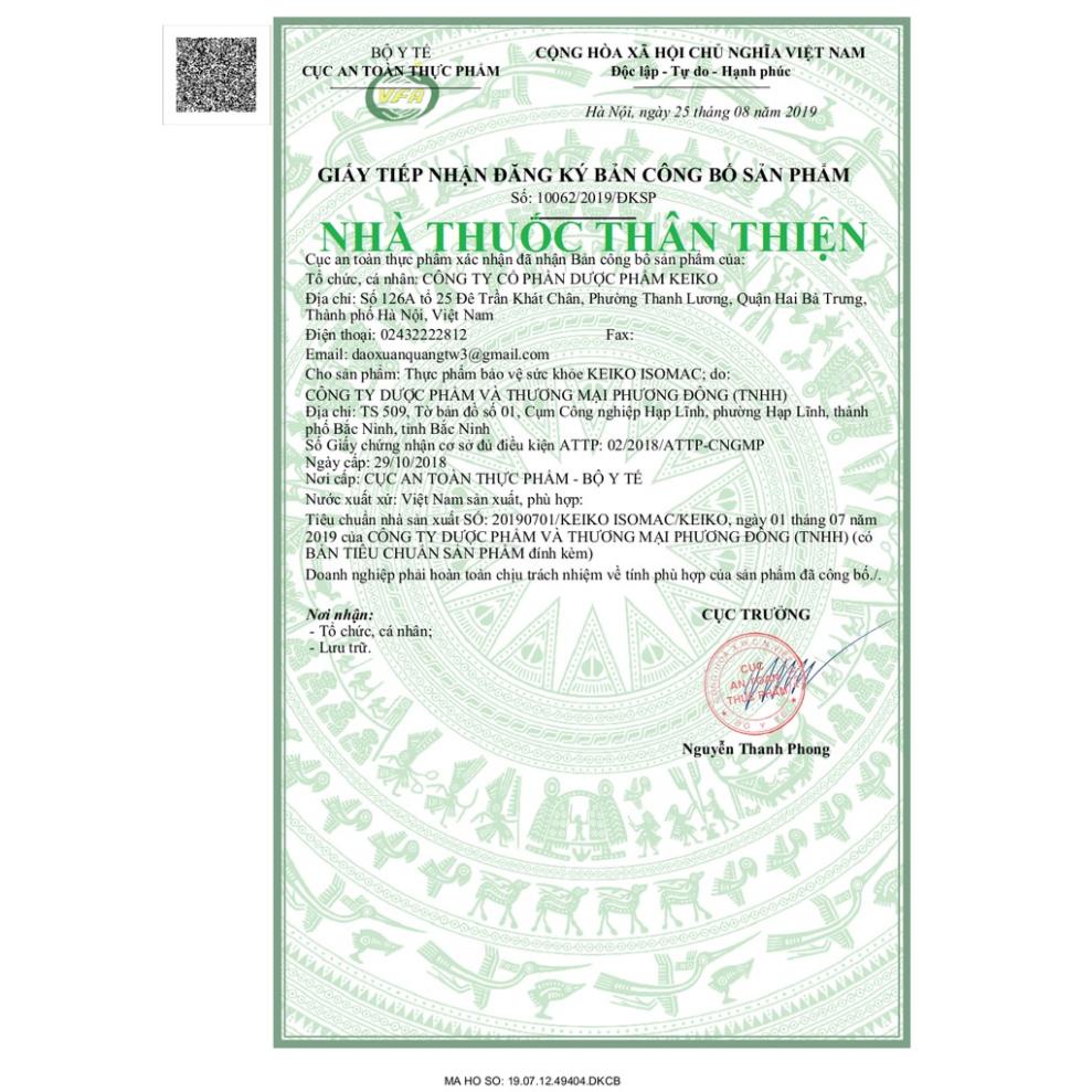 Viên uống nội tiết tố Keiko Isomac – Giúp tăng cường sinh lý nữ, giảm dấu hiệu tiền mãn kinh, giảm nám sạm da (20 viên)