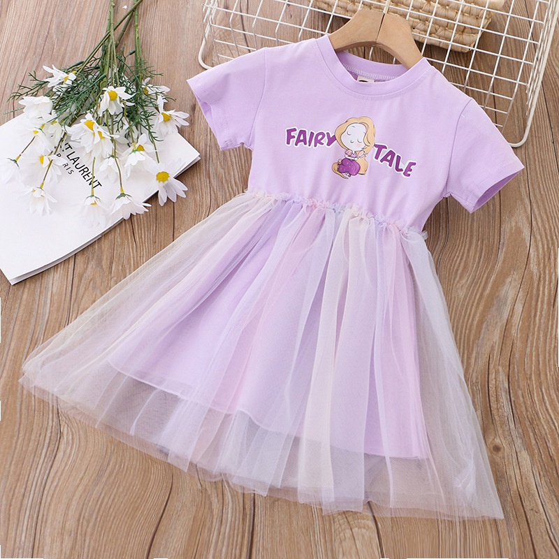 Đầm Cotton Ngắn Tay Cổ Tròn Phối Lưới Màu Cầu Vồng Thời Trang Mùa Hè Cho Trẻ Em