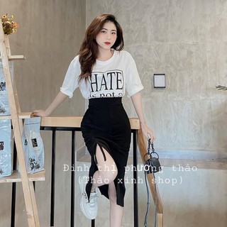 Set áo phông mix chân váy dây rút 💖FREESHIP💖 Áo phông basic mix chân váy xẻ tà AD146