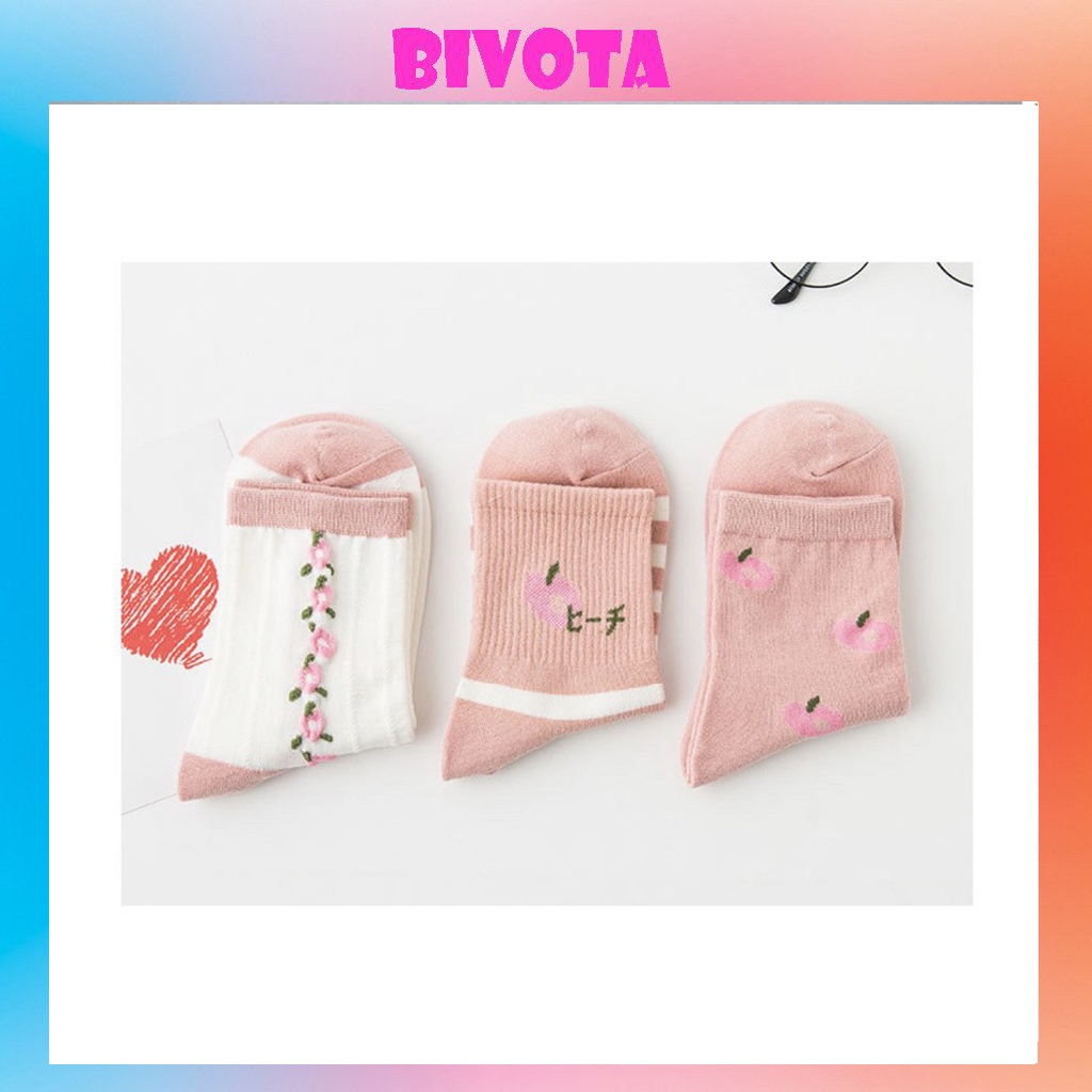 Set 3 đôi tất cổ cao Bivota vớ nữ hồng hoạt tiết hình quả đào đáng yêu T94