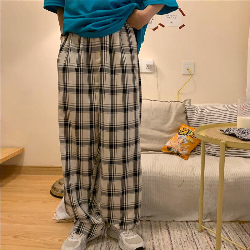 Quần Dài Lưng Cao Dáng Rộng Sọc Ca Rô Phong Cách retro Hàn Quốc Trẻ Trung