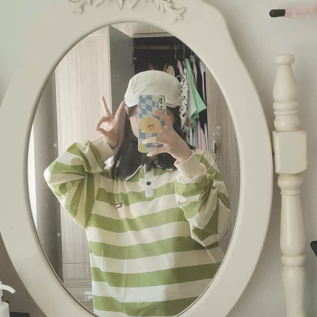 Áo Thun Sweater Mỏng Tay Dài Cổ Polo Dáng Rộng Kẻ Sọc Xinh Xắn Cho Nữ