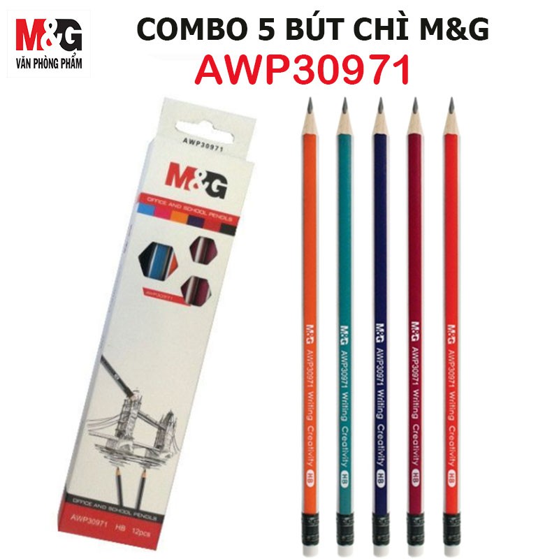 Combo 5  Bút chì chuốt M&amp;G AWP30971 nhiều màu, ngòi HB