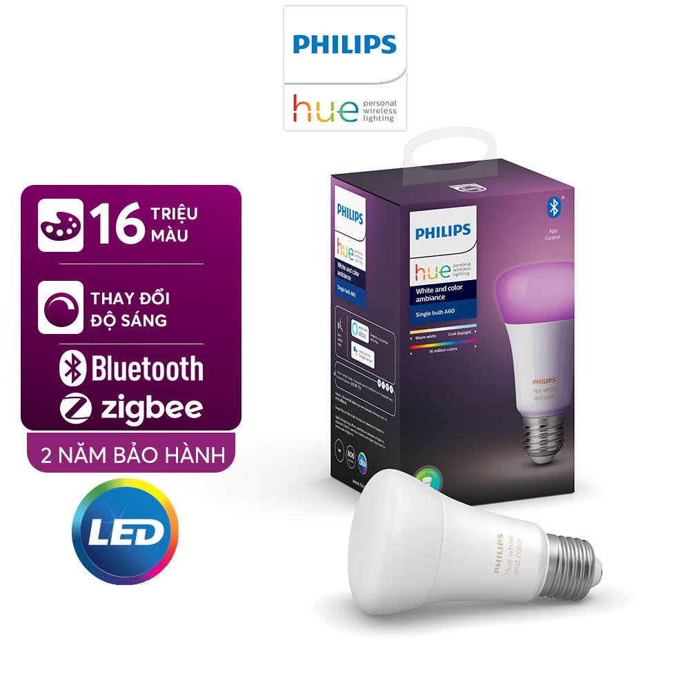 Bóng đèn thông minh Philips Hue White and Color Ambiance 9W A60 E27 kết nối Bluetooth và Zigbee