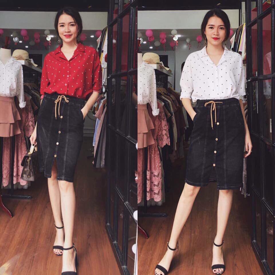 Áo sơ mi chấm bi đỏ/trắng vintage CỰC XINH