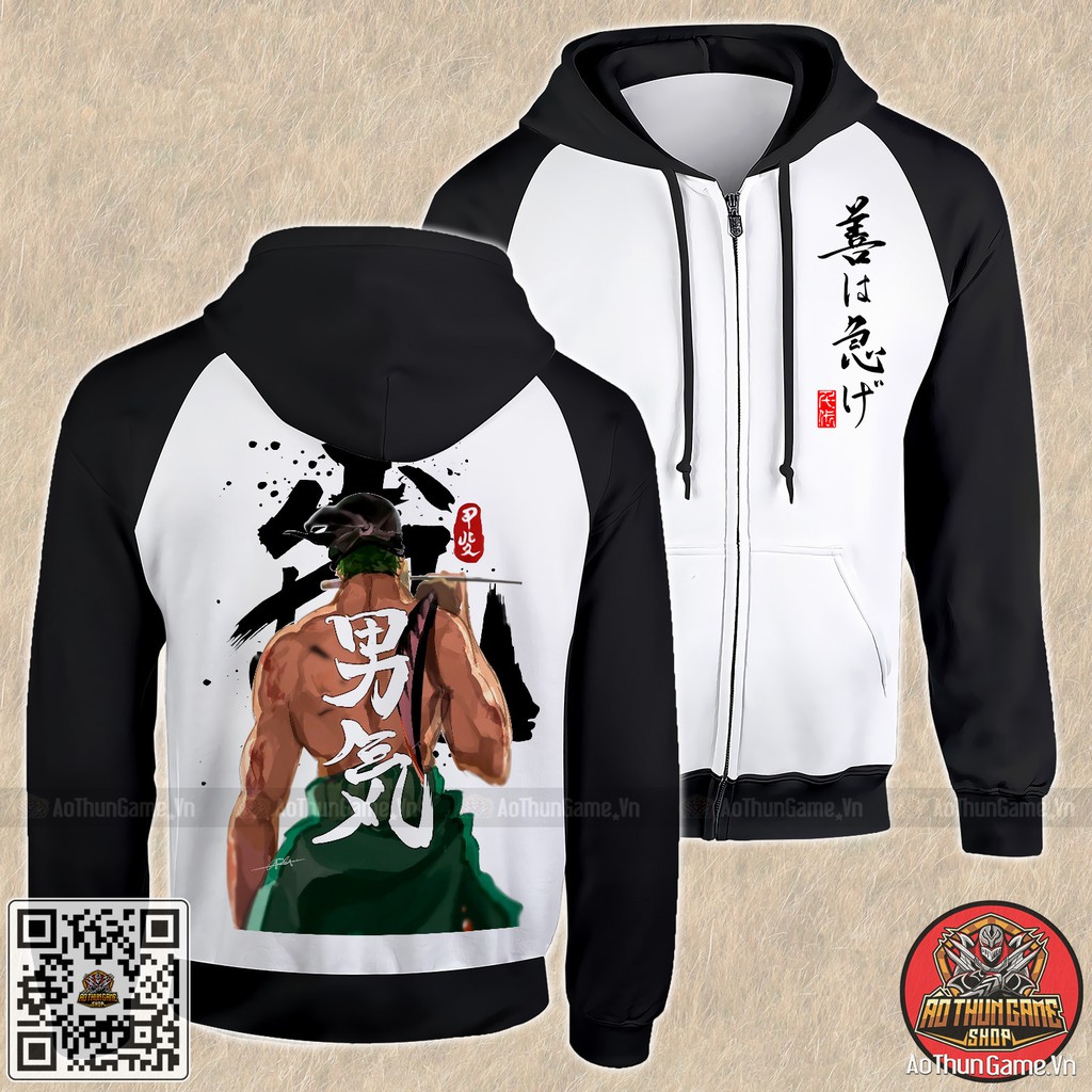 Áo khoác One Piece Zoro K11 mẫu mới cực đẹp có size bé cho trẻ em / Áo khoác hoodie 3D Đen Trắng (AoThunGameVn)