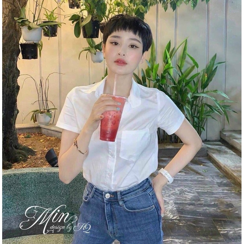Áo sơ mi trắng nữ Gu túi zip - áo sơ mi tay ngắn chất đẹp