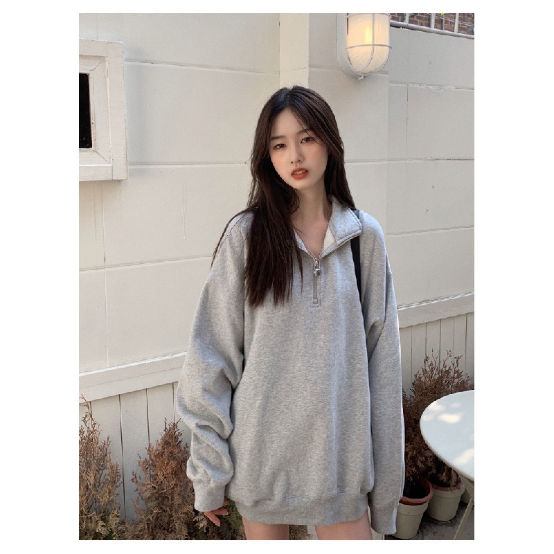 Áo Sweater Cổ Polo Dáng Rộng Dài Trung Bình Thời Trang Hàn Quốc Hàng Mới Màu Xám 2023 Dành Cho Nữ