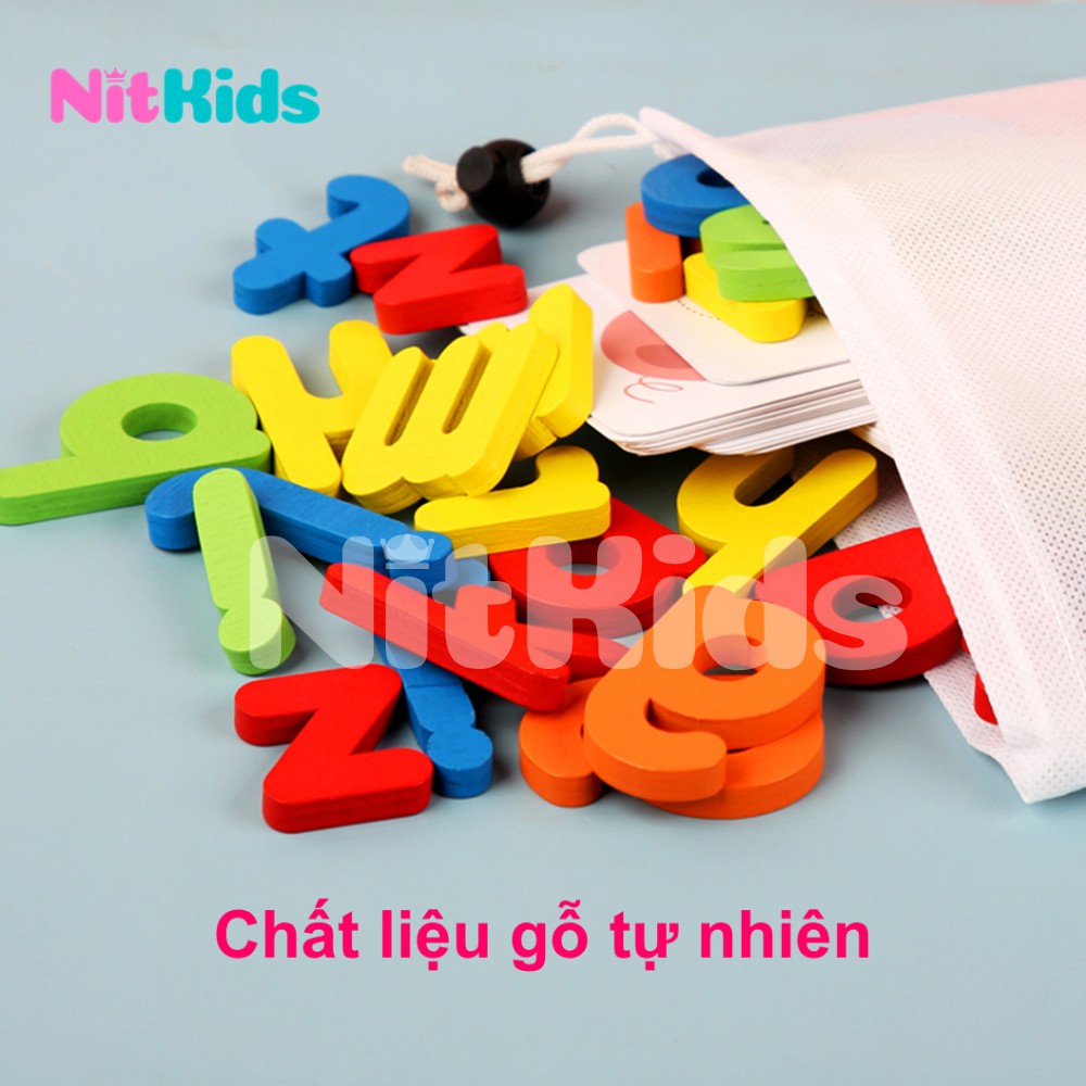 Bộ Ghép Chữ Bằng Gỗ, Bảng Chữ Cái Tiếng Anh Nitkids Có Thẻ Hình Học Từ Vựng, Đồ Chơi Thông Minh Cho Bé