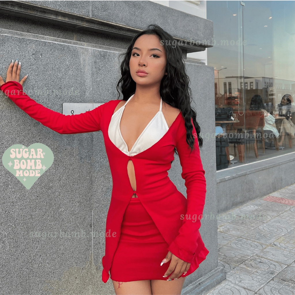 Áo Croptop Tay Dài Thiết Kế Chân Váy Ôm Body Áo Ngực Sexy sugarbomb.mode Chất Vải Co Giãn Đi Biển +