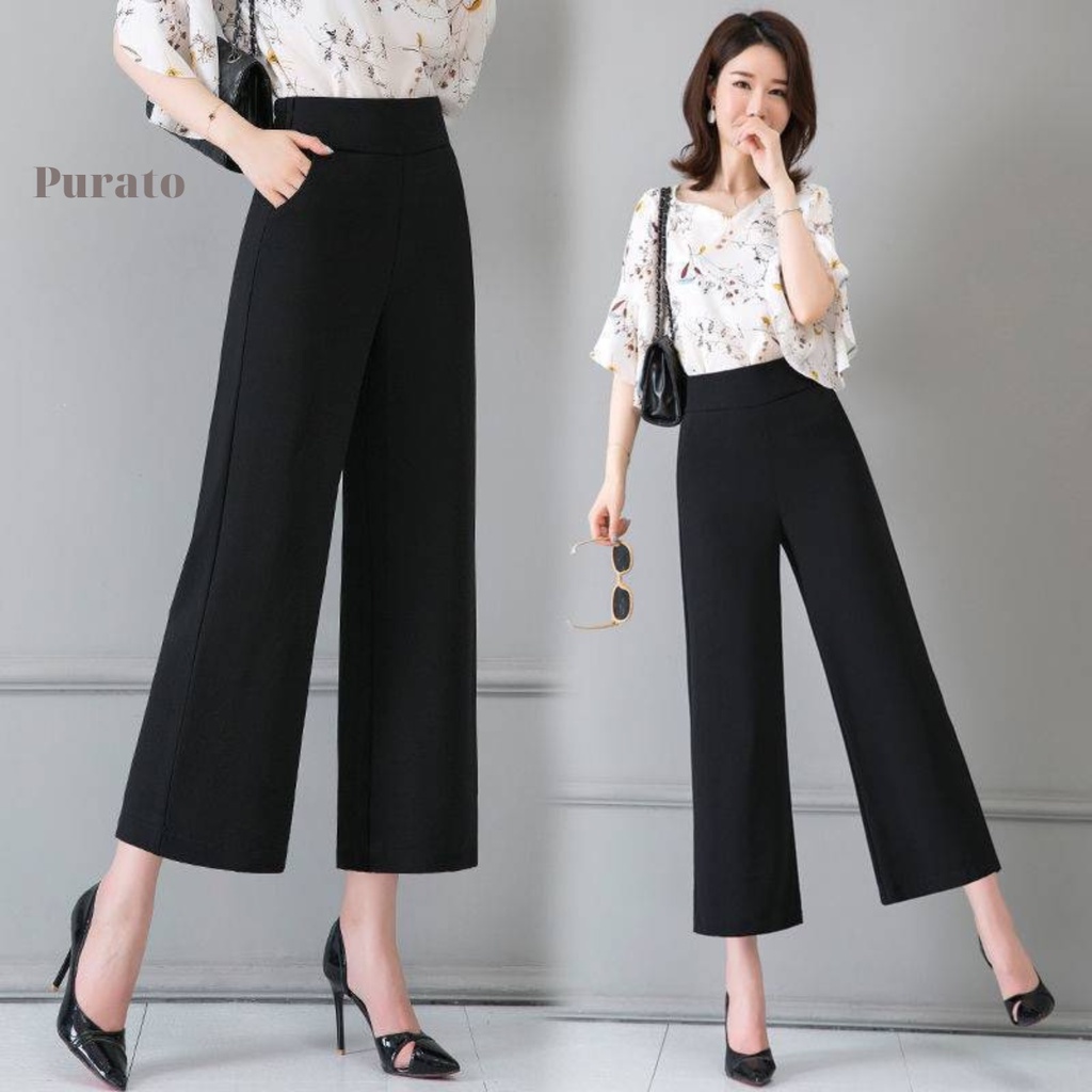PURATO Quần âu nữ ống rộng tôn dáng