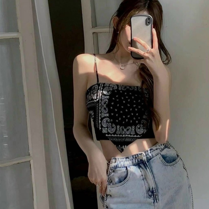 [Áo kiểu nữ hai dây croptop] Áo hai dây nữ, Áo kiểu 2 dây phối yếm nữ họa tiết thổ cẩm siêu hot