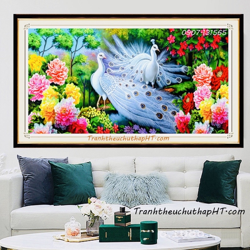 Tranh thêu chữ thập chim công uyên ương KT:100x50cm,tranh chưa thêu và chưa khung.Tặng kéo và xỏ chỉ.