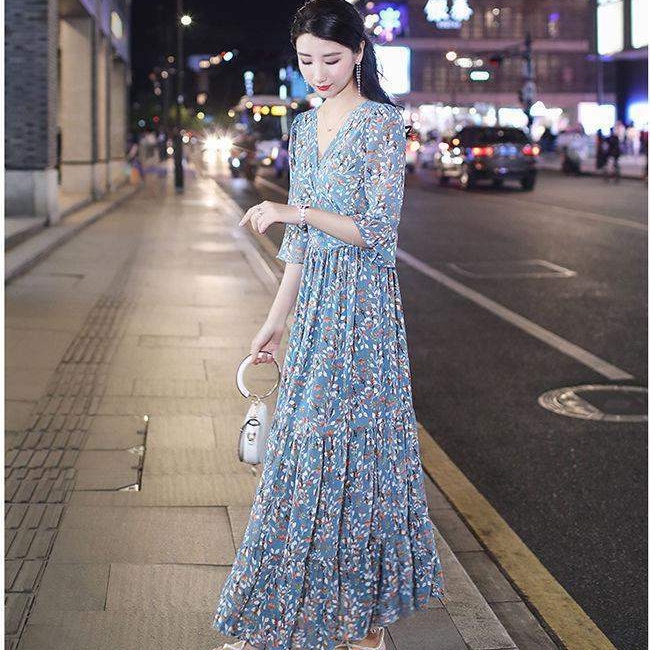 Đầm Dài Họa Tiết Hoa Phong Cách Hàn Quốc Thời Trang Cho Nữ