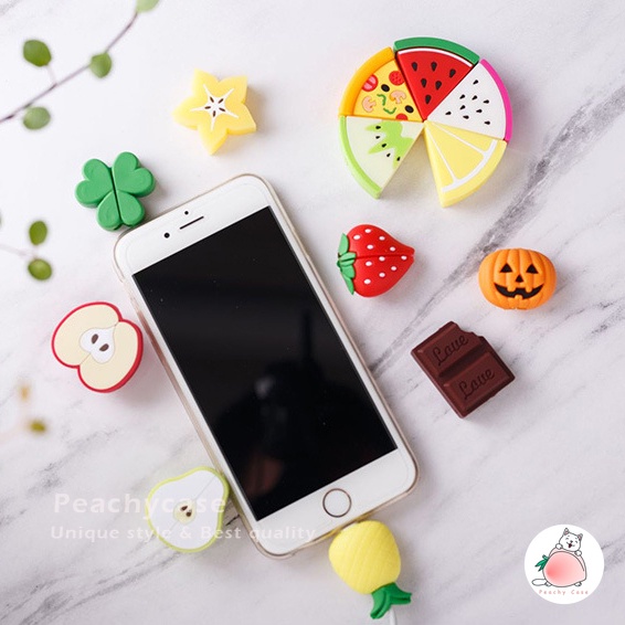 Ốp Bảo Vệ Dây Cáp Sạc USB Bằng Silicon Hình Bánh Pizza / Dâu Tây Dễ Thương