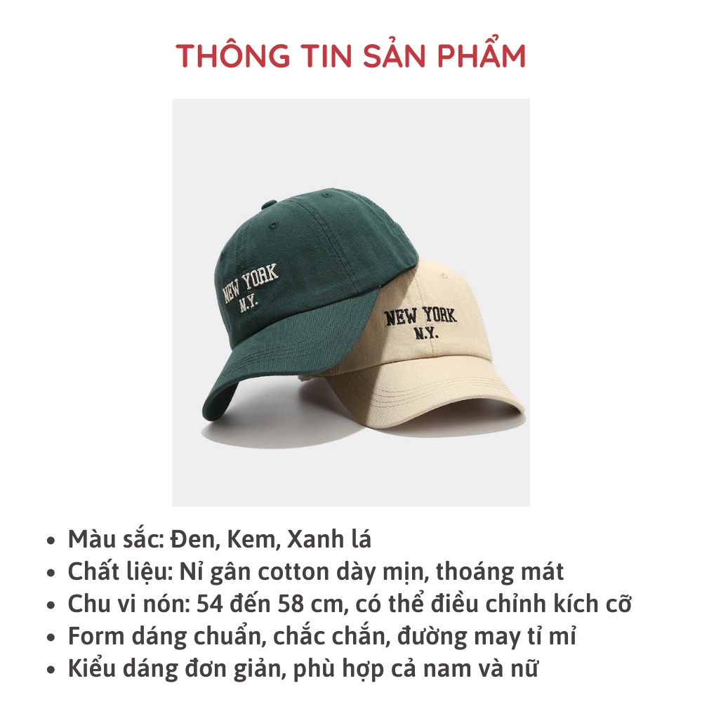 Mũ lưỡi trai Unisex thêu chữ NEW YORK NY, nón kết nữ phong cách thời trang Hàn Quốc Sollle