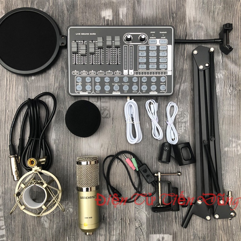 [Mã 159ELSALE hoàn 7% đơn 300K] Combo micro thu âm sound card h9 mic bm900 woaichang chân màng ma2- Mic sound card h9