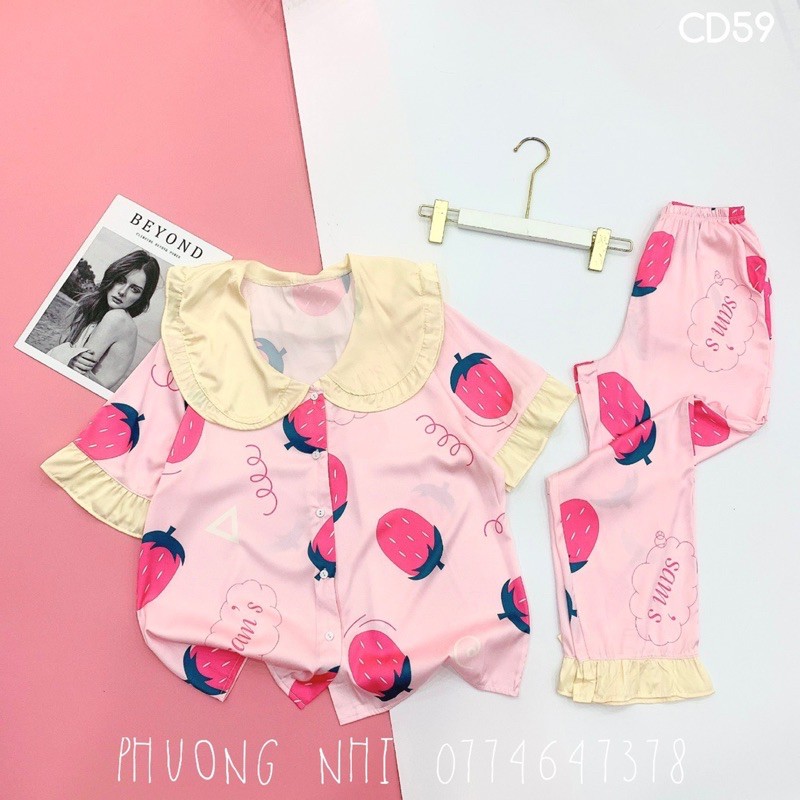 Pijama lụa SATIN tay ngắn bèo cổ bèo DÂU, MICKEY hồng siêu đáng yêu❤️