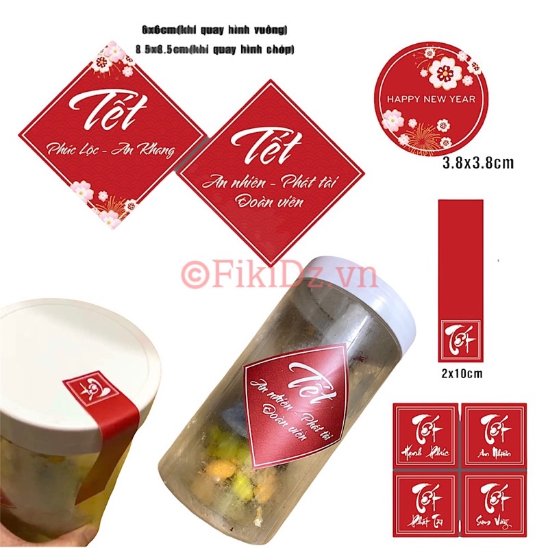 100 tem dán decal sticker năm mới màu đỏ tem Tết Happy New Year
