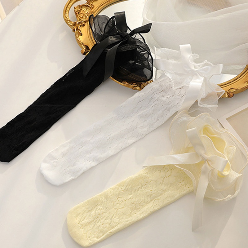 Youyo Vớ Cao Đến Đầu Gối Vải Lưới Satin Phối Nơ Dễ Thương Dành Cho Bé Gái